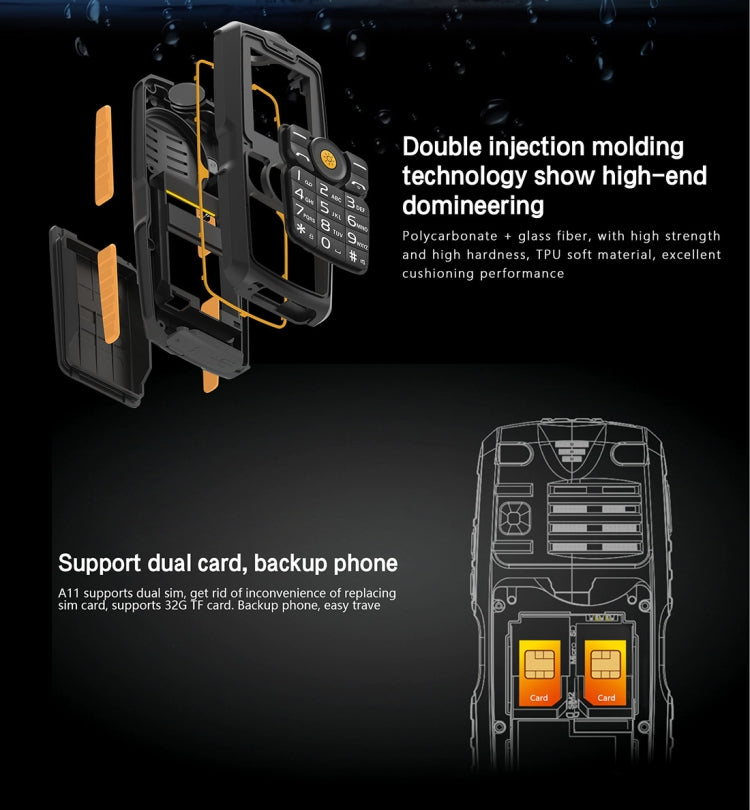 DTNO.1 A11 IP67 Waterproof Mobile Phone, 1.77 inch, Bluetooth, FM, Flashlight, Ebook, MTK6261, Dual SIM, Network: 2G