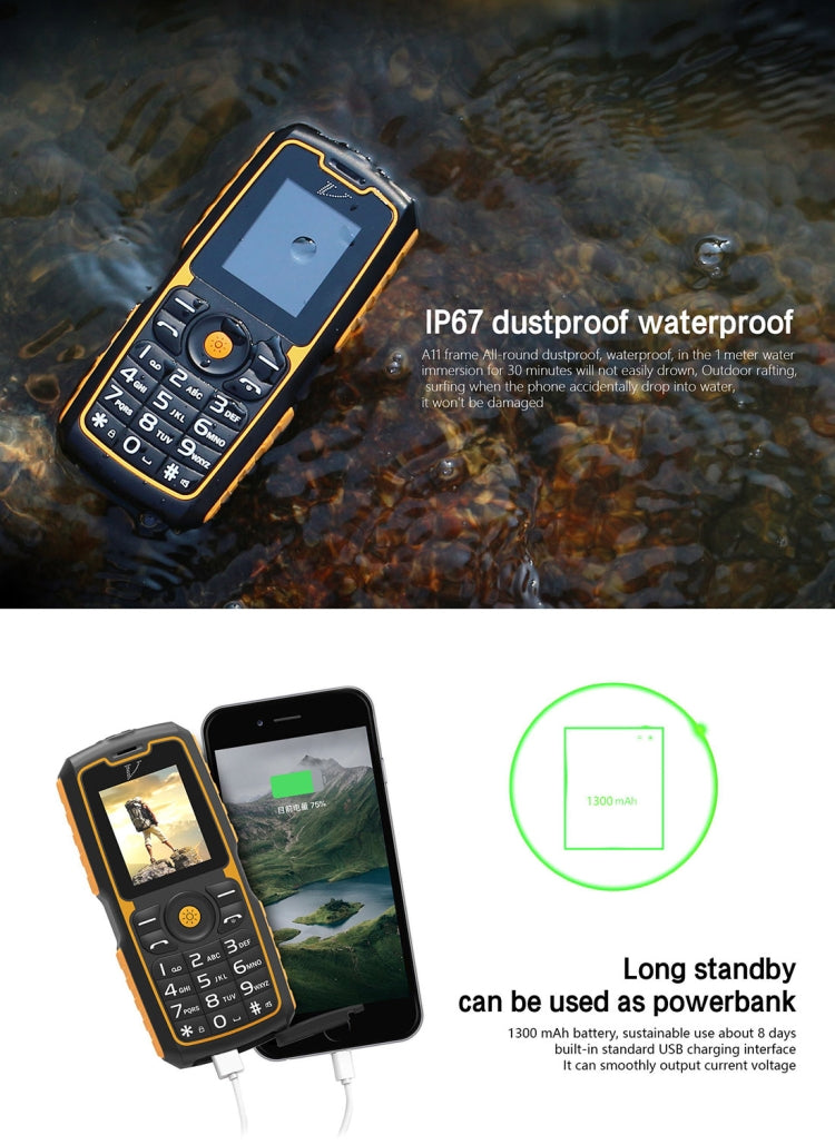 DTNO.1 A11 IP67 Waterproof Mobile Phone, 1.77 inch, Bluetooth, FM, Flashlight, Ebook, MTK6261, Dual SIM, Network: 2G