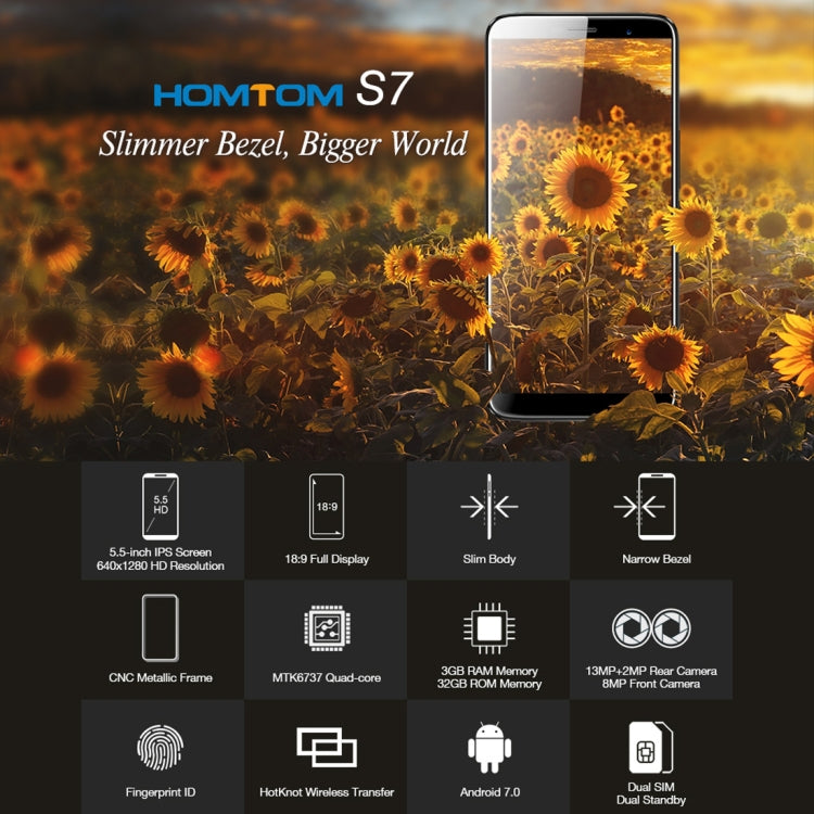 [HK Warehouse] HOMTOM S7, 3GB+32GB, Dual Back Cameras, Fingerprint Identification, 5.5 inch Android 7.0 MTK6737 Quad Core up to 1.3GHz, Network: 4G, Dual SIM, OTA(Blue)