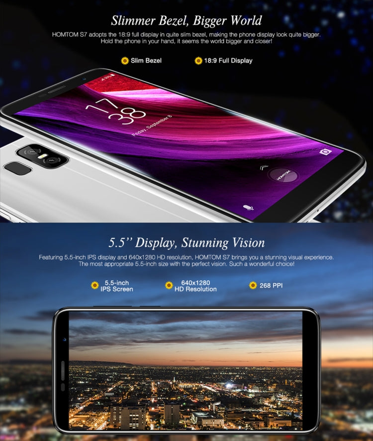 [HK Warehouse] HOMTOM S7, 3GB+32GB, Dual Back Cameras, Fingerprint Identification, 5.5 inch Android 7.0 MTK6737 Quad Core up to 1.3GHz, Network: 4G, Dual SIM, OTA(Blue)
