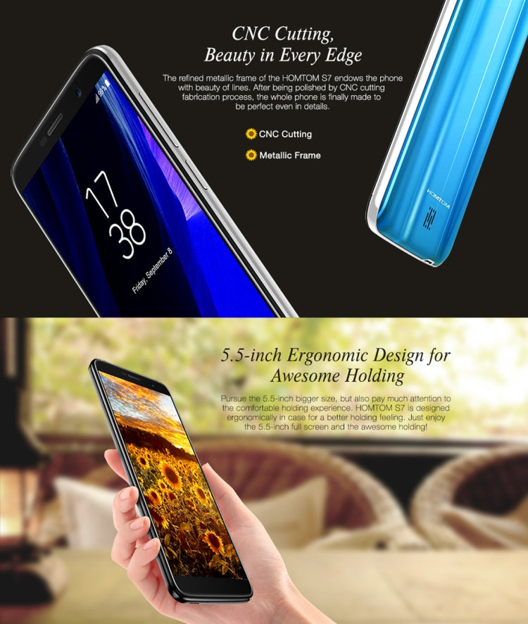 [HK Warehouse] HOMTOM S7, 3GB+32GB, Dual Back Cameras, Fingerprint Identification, 5.5 inch Android 7.0 MTK6737 Quad Core up to 1.3GHz, Network: 4G, Dual SIM, OTA(Blue)