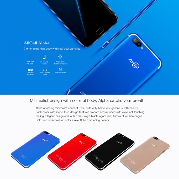 AllCall Alpha, 1GB+8GB, Dual Back Cameras,  5.0 inch Android 7.0 MTK6580A Quad Core up to 1.3GHz, Network: 3G, OTG, Dual SIM
