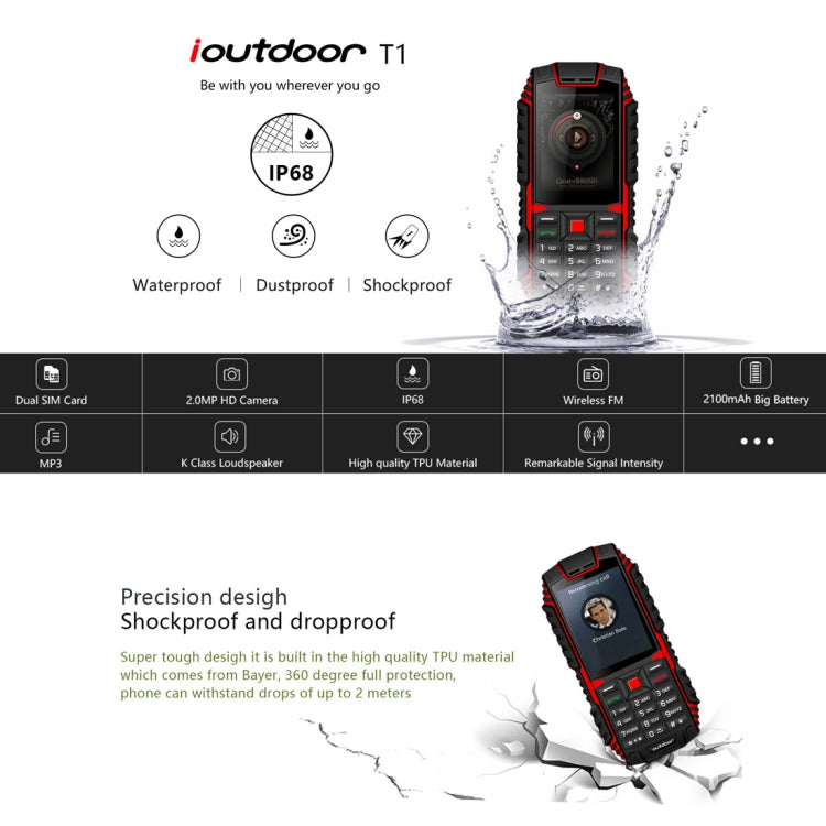 ioutdoor T1 Triple Proofing Phone, English Keyboard, IP68 Waterproof Shockproof Dustproof,  2.4 inch, MTK6261A Chipset, 21 Keys, LED Flashlight, FM, TF, Dual SIM
