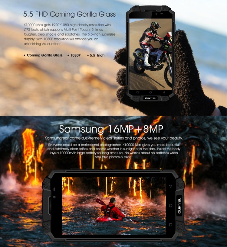 [HK Warehouse] OUKITEL K10000 MAX Triple Proofing Phone, 3GB+32GB, IP68 Waterproof Dustproof Shockproof, 10000mAh Battery, Fingerprint Identification, 5.5 inch Android 7.0 MTK6753 Octa Core up to 1.3GHz, Dual SIM
