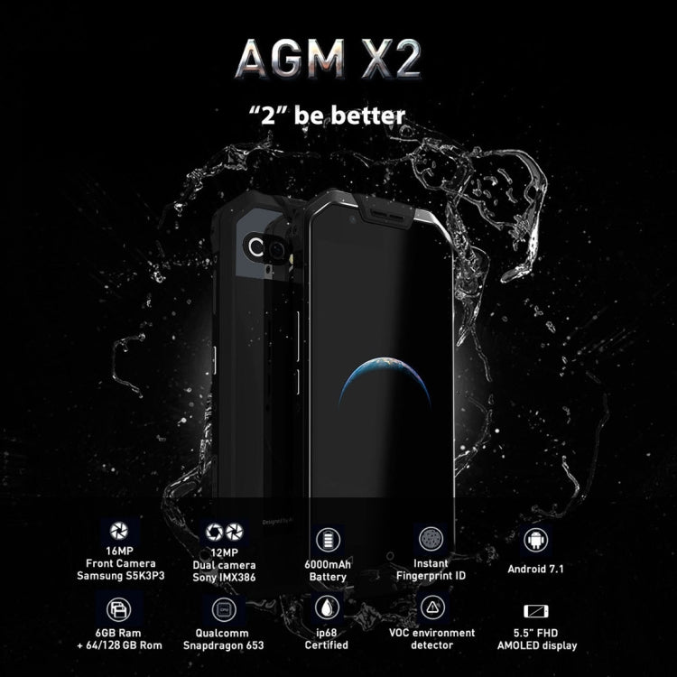 AGM X2 Triple Proofing Phone, 6GB+64GB, Fingerprint Identification, Dual 12.0MP Back Cameras, 6000mAh Battery, IP68 Waterproof Dustproof Shockproof, 5.5 inch Android 7.1 Snapdragon 653 Octa Core, Network: 4G, OTG, NFC(Black)