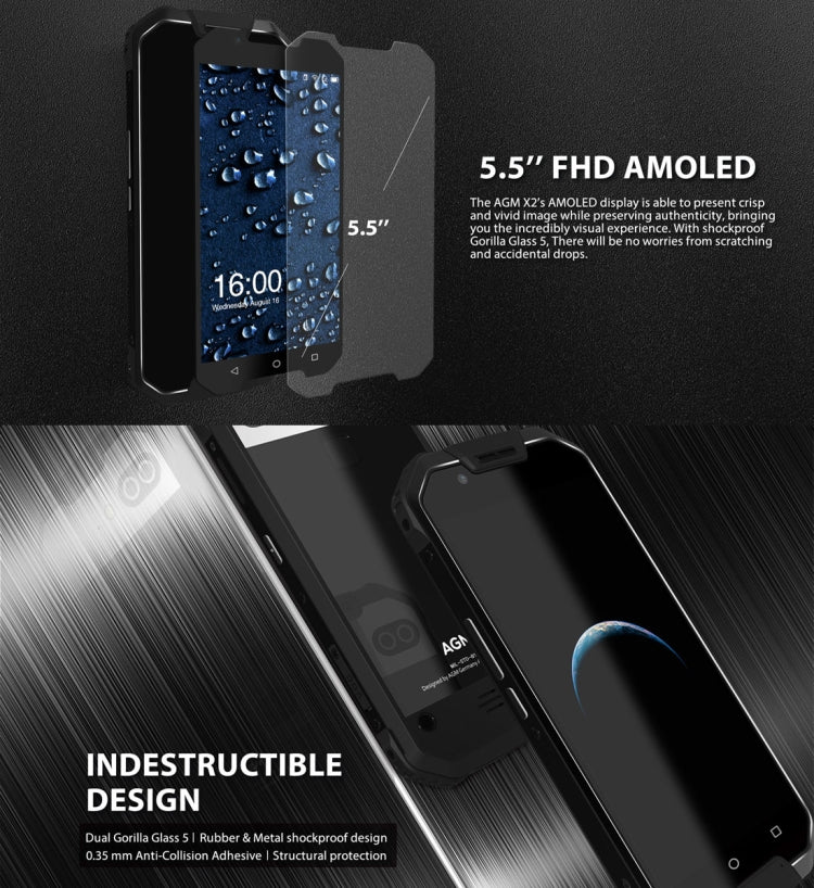 AGM X2 Triple Proofing Phone, 6GB+128GB, Fingerprint Identification, Dual 12.0MP Back Cameras, 6000mAh Battery, IP68 Waterproof Dustproof Shockproof, 5.5 inch Android 7.1 Snapdragon 653 Octa Core, Network: 4G, OTG, NFC(Black)