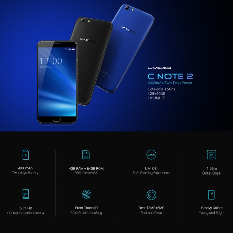 [HK Warehouse] UMIDIGI C NOTE 2, 4GB+64GB, Fingerprint Identification, 5.5 inch Sharp 2.5D Arc Screen Android 7.0 MTK6750T Octa Core up to 1.5GHz, Network: 4G, Dual SIM, OTG