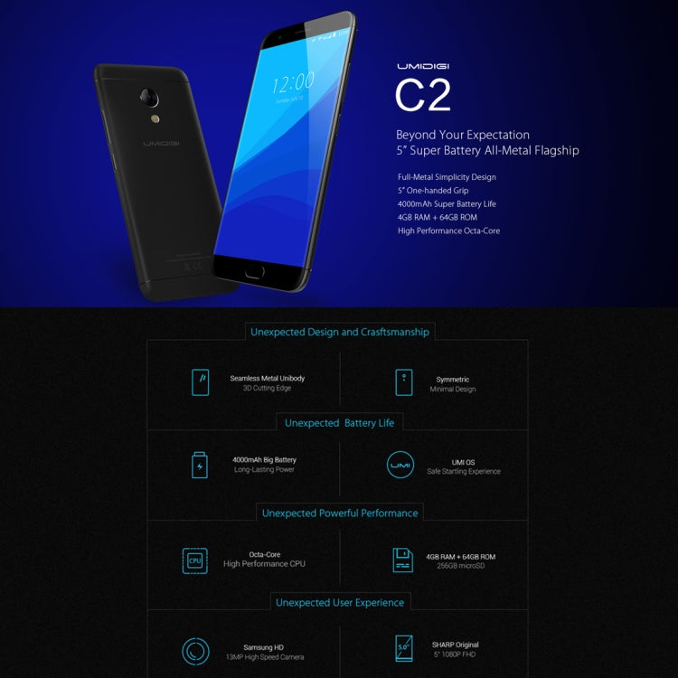 [HK Warehouse] UMIDIGI C2, 4GB+64GB, Fingerprint Identification, 5.0 inch Sharp 2.5D Arc Screen UMI OS (Android 7.0) MTK6750T Octa Core up to 1.5GHz, Network: 4G, Dual SIM, OTG