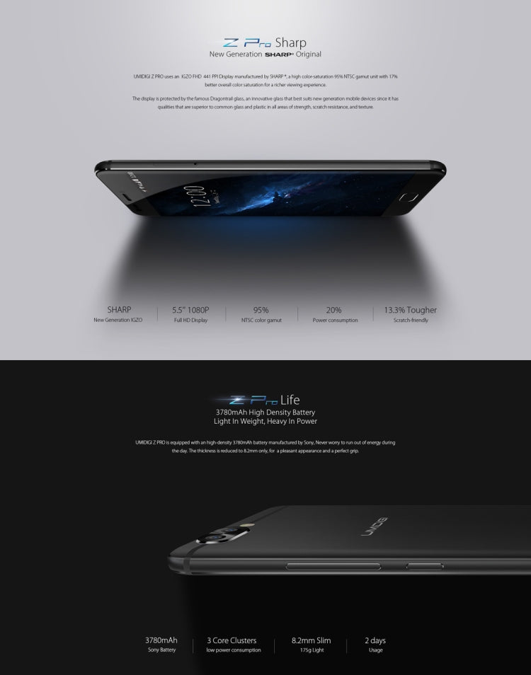 [HK Warehouse] UMIDIGI Z Pro, 4GB+32GB, Dual Back Cameras, Fingerprint Identification,  5.5 inch Sharp Screen Android 6.0 MTK Helio X27 Deca Core up to 2.6GHz, Network: 4G, Dual SIM, OTG(Black)