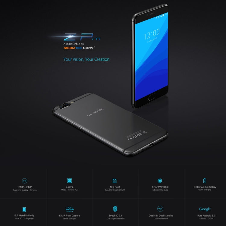 [HK Warehouse] UMIDIGI Z Pro, 4GB+32GB, Dual Back Cameras, Fingerprint Identification,  5.5 inch Sharp Screen Android 6.0 MTK Helio X27 Deca Core up to 2.6GHz, Network: 4G, Dual SIM, OTG(Black)
