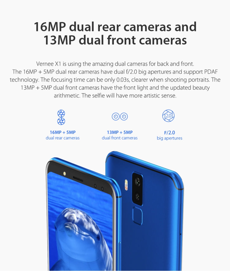 [HK Warehouse] Vernee X1, 6GB+64GB, Dual Back Cameras + Dual Front Cameras, 6200mAh Battery, Face & Fingerprint Identification, 6.0 inch Android 7.1 MTK6763 Octa Core up to 2.0GHz, Network: 4G, OTG