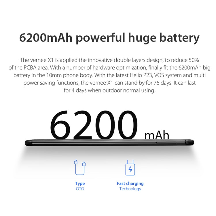 [HK Warehouse] Vernee X1, 6GB+64GB, Dual Back Cameras + Dual Front Cameras, 6200mAh Battery, Face & Fingerprint Identification, 6.0 inch Android 7.1 MTK6763 Octa Core up to 2.0GHz, Network: 4G, OTG