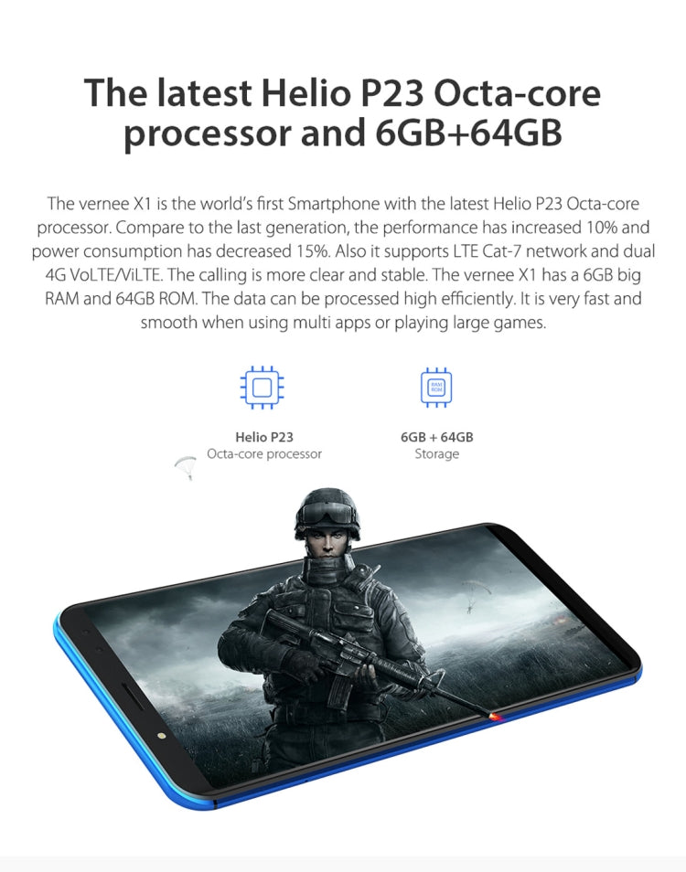 [HK Warehouse] Vernee X1, 6GB+64GB, Dual Back Cameras + Dual Front Cameras, 6200mAh Battery, Face & Fingerprint Identification, 6.0 inch Android 7.1 MTK6763 Octa Core up to 2.0GHz, Network: 4G, OTG