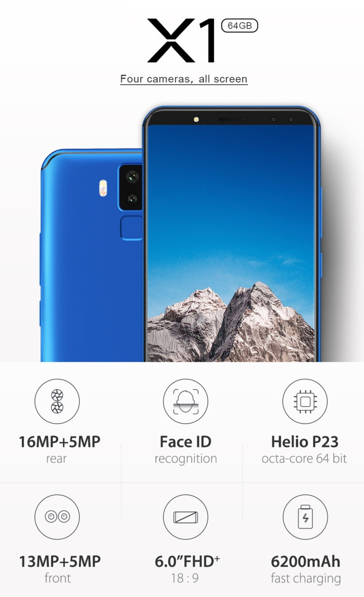 [HK Warehouse] Vernee X1, 6GB+64GB, Dual Back Cameras + Dual Front Cameras, 6200mAh Battery, Face & Fingerprint Identification, 6.0 inch Android 7.1 MTK6763 Octa Core up to 2.0GHz, Network: 4G, OTG