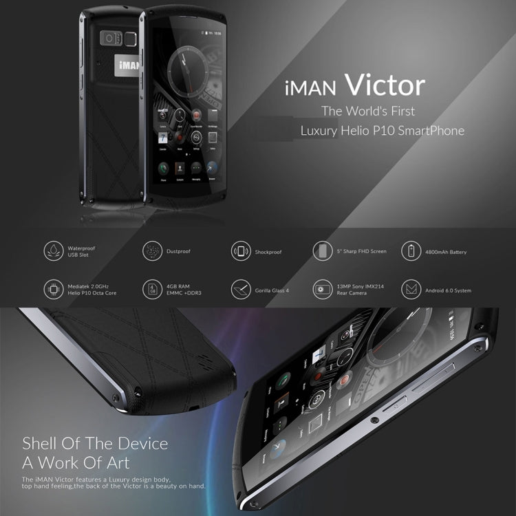 iMAN Victor Waterproof Phone 64GB, 4GB+64GB, Life Waterproof Dustproof Shockproof, Fingerprint Recognition, 4800mAh Big Battery, 5 inch Corning Gorilla Glass 3 Screen Android 6.0 MT6755 Octa Core 2.0GHz, Network: 4G