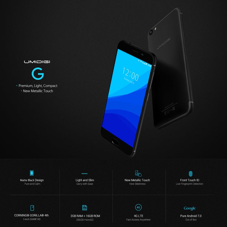 [HK Warehouse] UMIDIGI G, 2GB+16GB, Fingerprint Identification,  5.0 inch Sharp Screen Android 7.0 MTK6737 Quad Core up to 1.3GHz, Network: 4G, Dual SIM, OTG