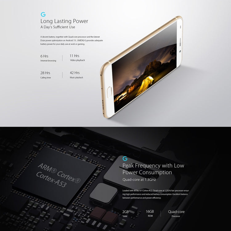 [HK Warehouse] UMIDIGI G, 2GB+16GB, Fingerprint Identification,  5.0 inch Sharp Screen Android 7.0 MTK6737 Quad Core up to 1.3GHz, Network: 4G, Dual SIM, OTG
