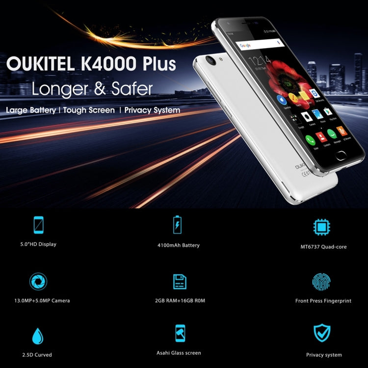 [HK Warehouse] OUKITEL K4000 Plus, 2GB+16GB, Dual OS, Fingerprint Identification, 4100mAh Large Capacity Battery, 5.0 inch 2.5D Curved Anti-smashing Screen Android 6.0 MTK6737 Quad Core up to 1.3GHz, Network: 4G, Dual SIM, GPS, OTA, FM(Black)