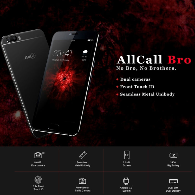 AllCall Bro, 1GB+16GB, Dual Back Cameras,  Front Fingerprint Identification, 5.0 inch Android 7.0 MTK6580A Quad Core up to 1.3GHz, Network: 3G, Dual SIM