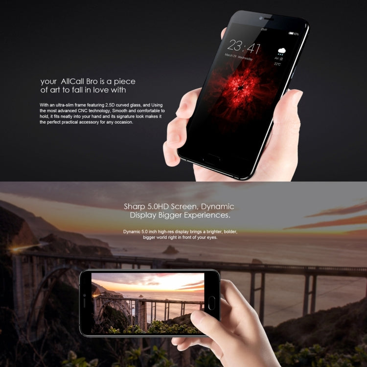 AllCall Bro, 1GB+16GB, Dual Back Cameras,  Front Fingerprint Identification, 5.0 inch Android 7.0 MTK6580A Quad Core up to 1.3GHz, Network: 3G, Dual SIM