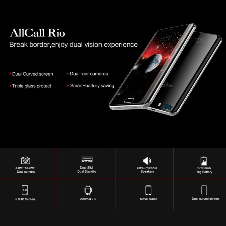 AllCall Rio, 1GB+16GB, Dual Back Cameras,  Dual Curved Edge, 5.0 inch 3D Curved Android 7.0 MTK6580A Quad Core up to 1.3GHz, Network: 3G, OTG, Dual SIM