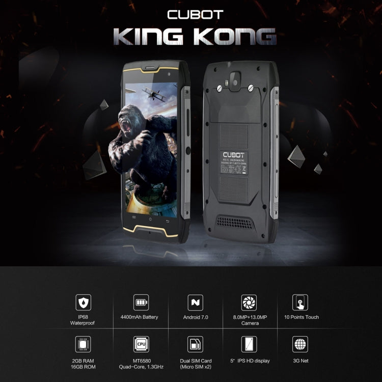 [HK Warehouse] CUBOT Kingkong Triple Proofing Phone, 2GB+16GB, IP68 Waterproof Dustproof Shockproof, 4400mAh Battery, 5.0 inch Android 7.0 MTK6580 Quad-Core up to 1.3GHz, Network: 3G, Dual SIM(Black)