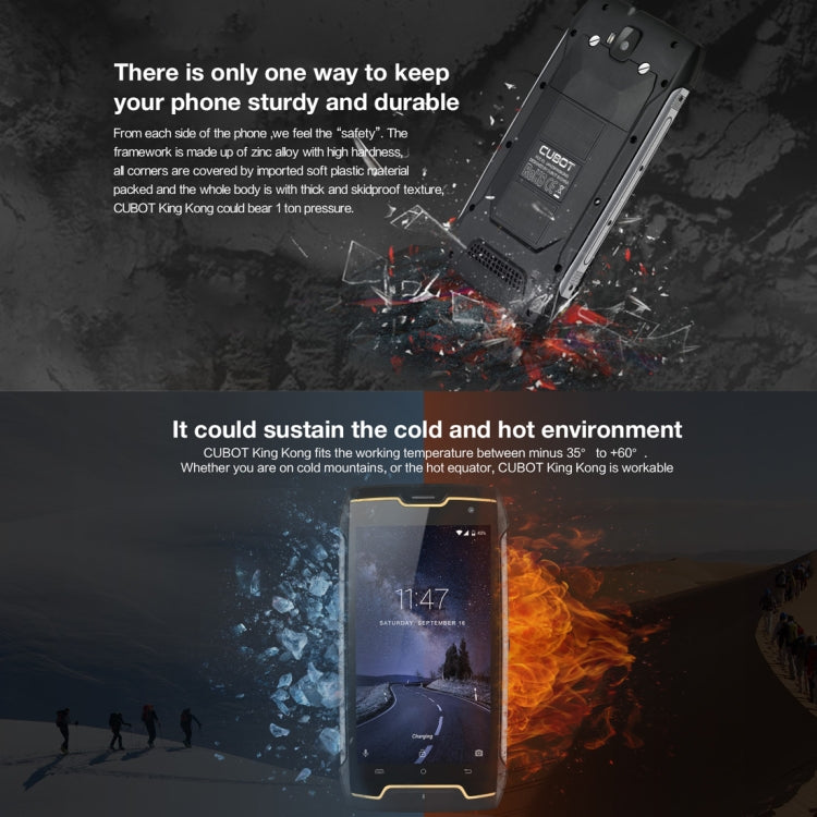 [HK Warehouse] CUBOT Kingkong Triple Proofing Phone, 2GB+16GB, IP68 Waterproof Dustproof Shockproof, 4400mAh Battery, 5.0 inch Android 7.0 MTK6580 Quad-Core up to 1.3GHz, Network: 3G, Dual SIM(Black)