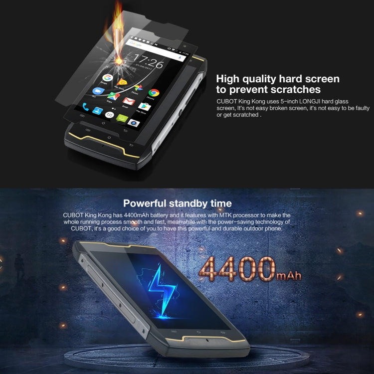 [HK Warehouse] CUBOT Kingkong Triple Proofing Phone, 2GB+16GB, IP68 Waterproof Dustproof Shockproof, 4400mAh Battery, 5.0 inch Android 7.0 MTK6580 Quad-Core up to 1.3GHz, Network: 3G, Dual SIM(Black)