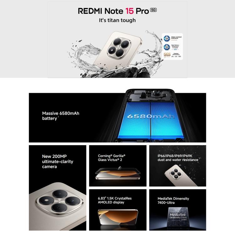 [HK Warehouse] Xiaomi Redmi Note 15 Pro 5G Global, 8GB+512GB, In-screen Fingerprint, 6.83 inch Xiaomi HyperOS 2 MediaTek Dimensity 7400-Ultra Octa Core, Network: 5G, NFC  - Black