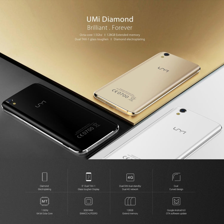 [HK Warehouse] UMI Diamond, 3GB+16GB, 5.0 inch 2.5D Arc Android 6.0 MTK6753 Octa Core up to 1.5GHz, Network: 4G(Black)