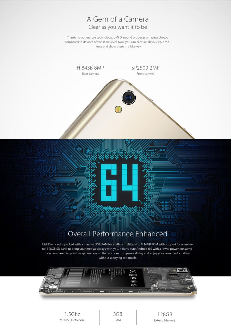 [HK Warehouse] UMI Diamond, 3GB+16GB, 5.0 inch 2.5D Arc Android 6.0 MTK6753 Octa Core up to 1.5GHz, Network: 4G(Black)