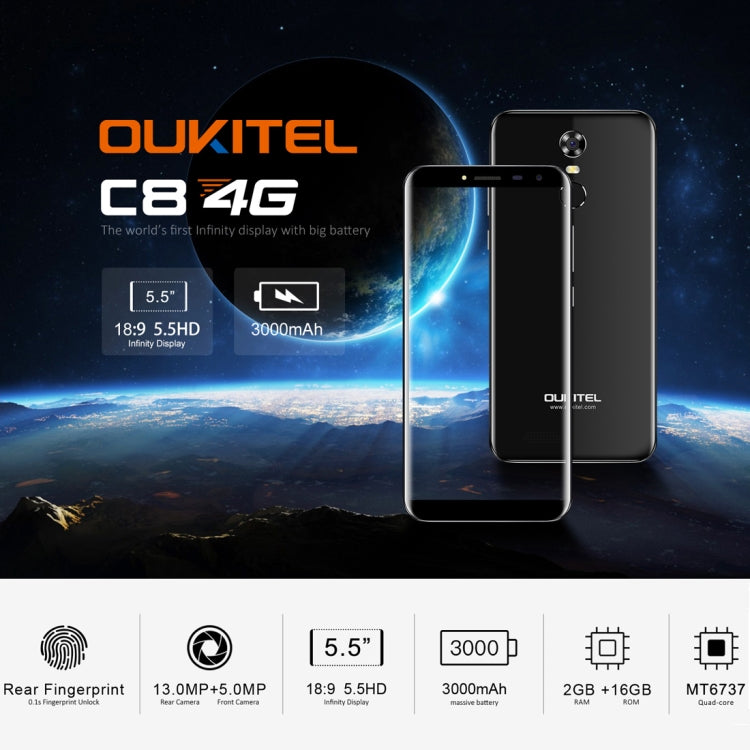 [HK Warehouse] OUKITEL C8, 2GB+16GB, Network: 4G, Fingerprint Identification, 5.5 inch Android 7.0 MTK6737 Quad Core up to 1.3GHz, Dual SIM