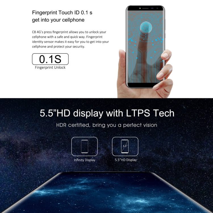 [HK Warehouse] OUKITEL C8, 2GB+16GB, Network: 4G, Fingerprint Identification, 5.5 inch Android 7.0 MTK6737 Quad Core up to 1.3GHz, Dual SIM