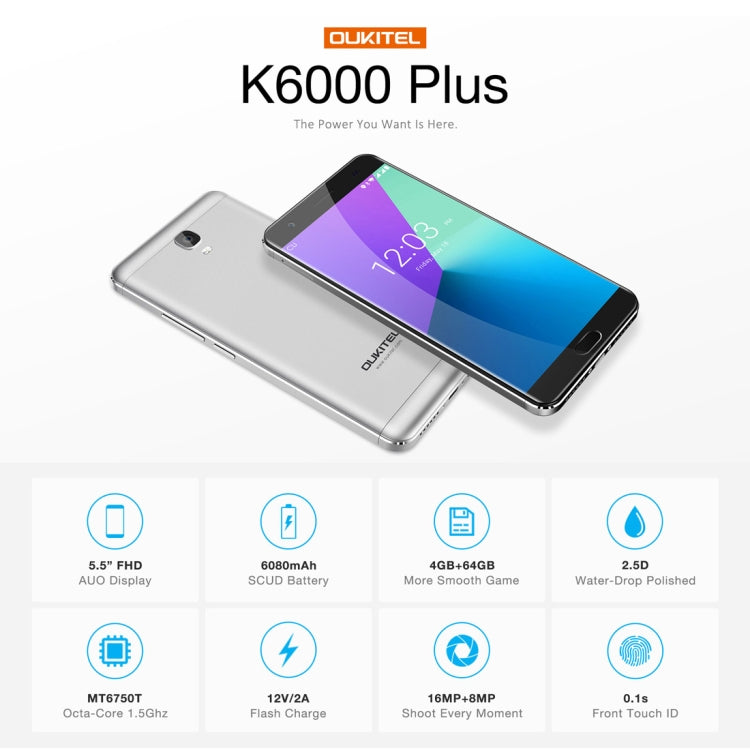 [HK Warehouse] OUKITEL K6000 Plus, 4GB+64GB, 6080mAh Large Capacity, Fingerprint Identification, 12V/2A Quick Charging, 5.5 inch Android 7.0 MTK6750T Octa Core up to 1.5GHz, Network: 4G, Dual SIM, OTG, OTA(Black)
