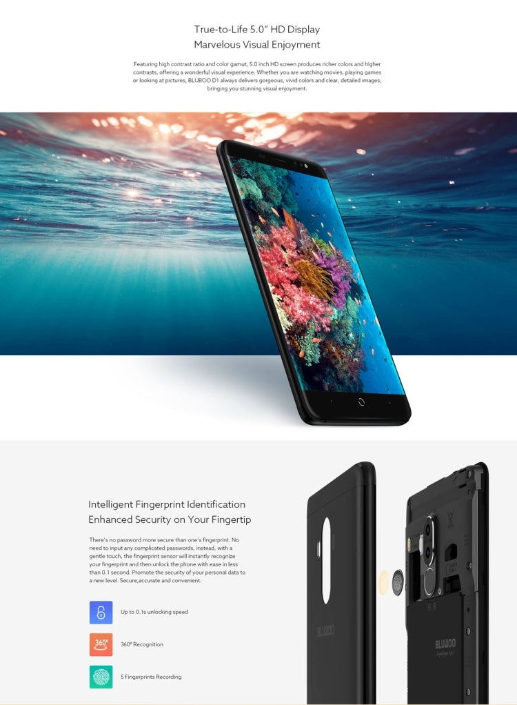 [HK Warehouse] BLUBOO D1, 2GB+16GB, Dual Rear Cameras, Fingerprint Identification, 5.0 inch Android 7.0 MTK6580A Quad Core up to 1.3GHz, Network: 3G, WiFi,  GPS, Bluetooth, Dual SIM(Black)