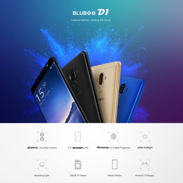 [HK Warehouse] BLUBOO D1, 2GB+16GB, Dual Rear Cameras, Fingerprint Identification, 5.0 inch Android 7.0 MTK6580A Quad Core up to 1.3GHz, Network: 3G, WiFi,  GPS, Bluetooth, Dual SIM(Black)