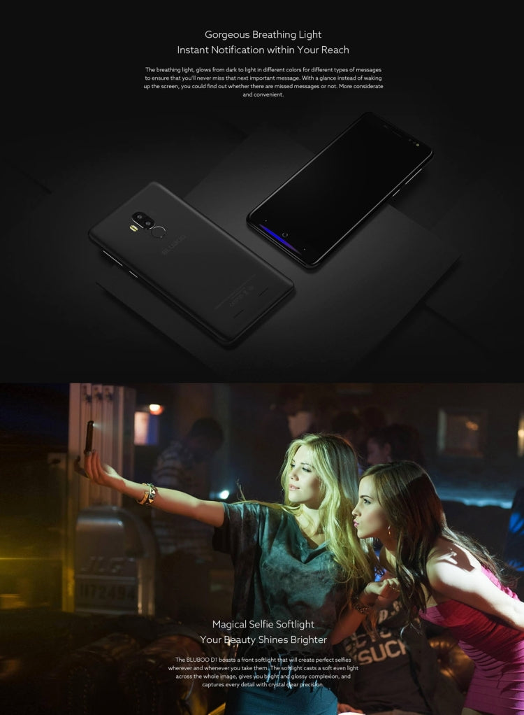 [HK Warehouse] BLUBOO D1, 2GB+16GB, Dual Rear Cameras, Fingerprint Identification, 5.0 inch Android 7.0 MTK6580A Quad Core up to 1.3GHz, Network: 3G, WiFi,  GPS, Bluetooth, Dual SIM(Black)