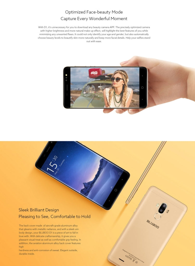 [HK Warehouse] BLUBOO D1, 2GB+16GB, Dual Rear Cameras, Fingerprint Identification, 5.0 inch Android 7.0 MTK6580A Quad Core up to 1.3GHz, Network: 3G, WiFi,  GPS, Bluetooth, Dual SIM(Black)