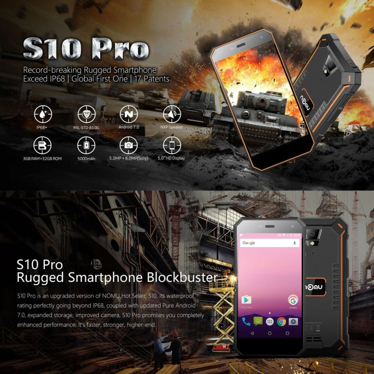 NOMU S10 Pro Triple Proofing Phone, 3GB+32GB, IP68 Waterproof Dustproof Shockproof, 5000mAh Battery, 5.0 inch Android 7.0 MTK6737T Quad Core up to 1.5GHz, Network: 4G, Dual SIM, OTG