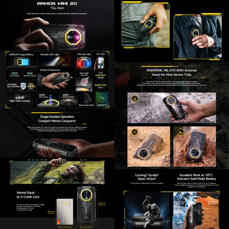 [HK Warehouse] Ulefone Armor Mini 20, Night Vision, 8GB+256GB, IP68/IP69K Rugged Phone, 4.7 inch Android 14 MediaTek Helio G99 Octa Core, Network: 4G, NFC, OTG  - Black