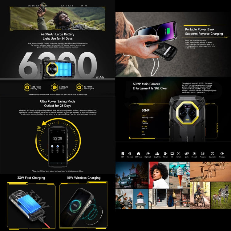 [HK Warehouse] Ulefone Armor Mini 20, Night Vision, 8GB+256GB, IP68/IP69K Rugged Phone, 4.7 inch Android 14 MediaTek Helio G99 Octa Core, Network: 4G, NFC, OTG  - Black