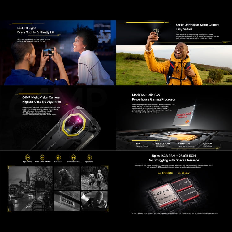 [HK Warehouse] Ulefone Armor Mini 20, Night Vision, 8GB+256GB, IP68/IP69K Rugged Phone, 4.7 inch Android 14 MediaTek Helio G99 Octa Core, Network: 4G, NFC, OTG  - Black