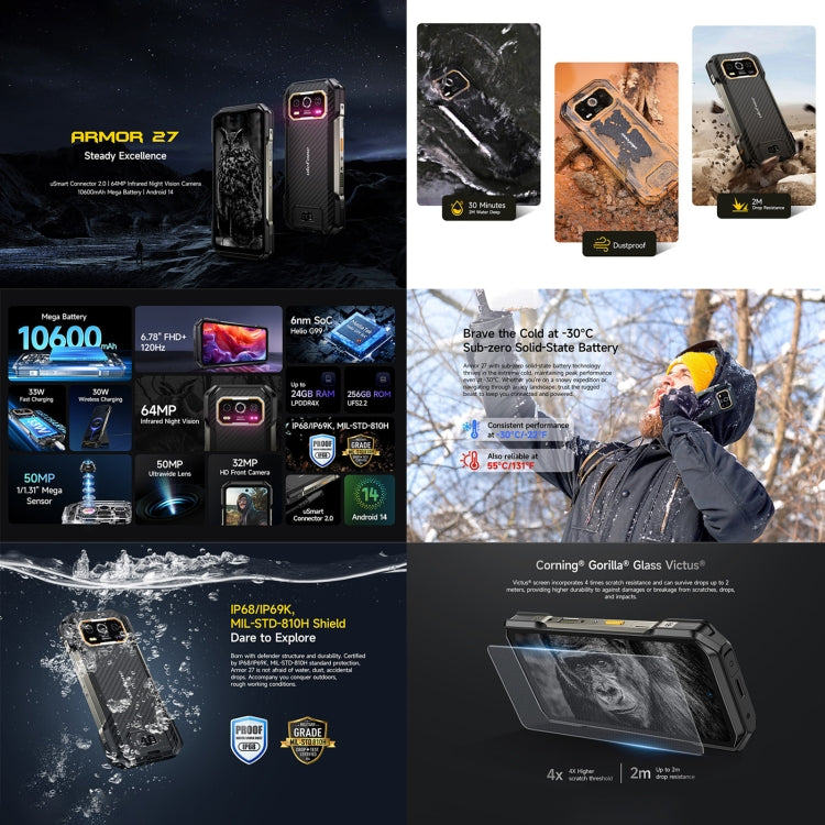 [HK Warehouse] Ulefone Armor 27 Rugged Phone, 12GB+256GB, Night Vision, 10600mAh, 6.78 inch Android 14 MediaTek Helio G99 Octa Core, Network: 4G, NFC, OTG  - Black