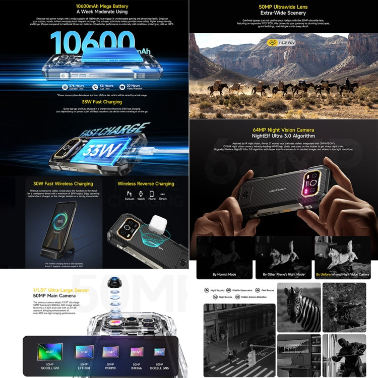 [HK Warehouse] Ulefone Armor 27 Rugged Phone, 12GB+256GB, Night Vision, 10600mAh, 6.78 inch Android 14 MediaTek Helio G99 Octa Core, Network: 4G, NFC, OTG  - Black