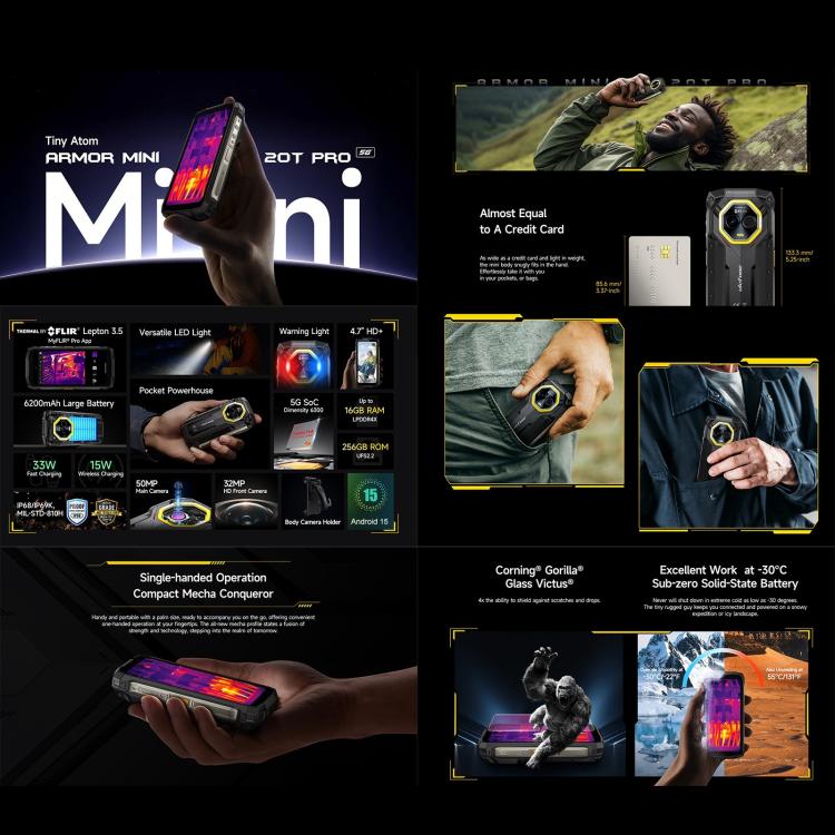[HK Warehouse] Ulefone Armor Mini 20T Pro, Thermal Imaging, 8GB+256GB, IP68/IP69K Rugged Phone, 4.7 inch Android 15 MediaTek Dimensity 6300 5G Octa Core, Network: 5G, NFC, OTG  - Mecha Black