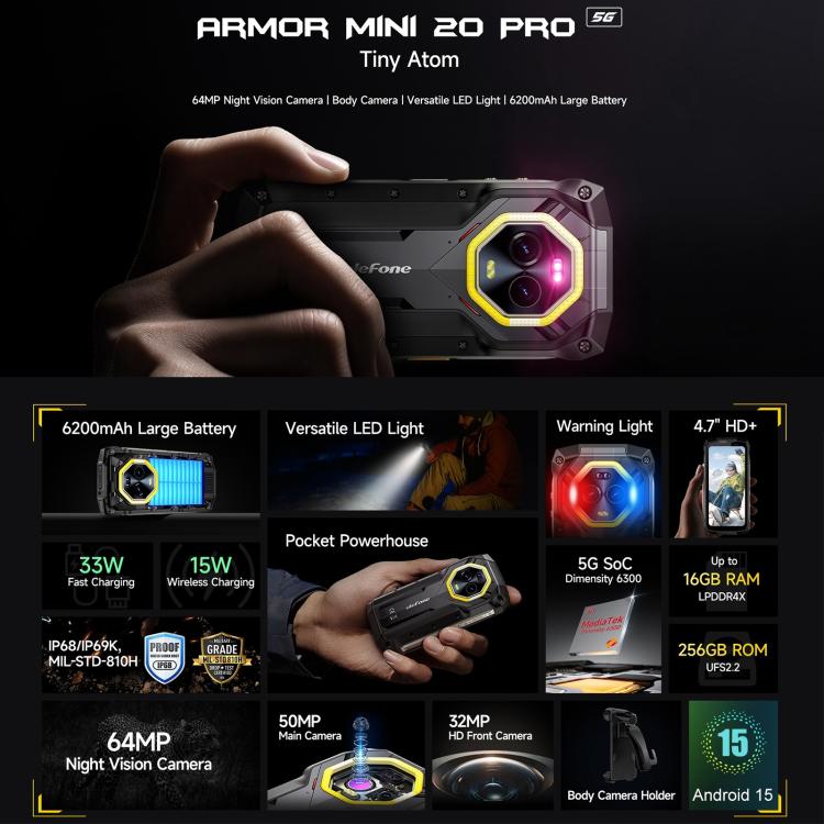 [HK Warehouse] Ulefone Armor Mini 20 Pro, 8GB+256GB, IP68/IP69K Rugged Phone, 4.7 inch Android 15 MediaTek Dimensity 6300 5G Octa Core, Network: 5G, NFC, OTG  - Mecha Black