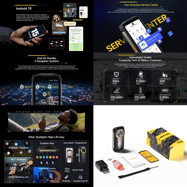 [HK Warehouse] Ulefone Armor Mini 20 Pro, 8GB+256GB, IP68/IP69K Rugged Phone, 4.7 inch Android 15 MediaTek Dimensity 6300 5G Octa Core, Network: 5G, NFC, OTG  - Mecha Black
