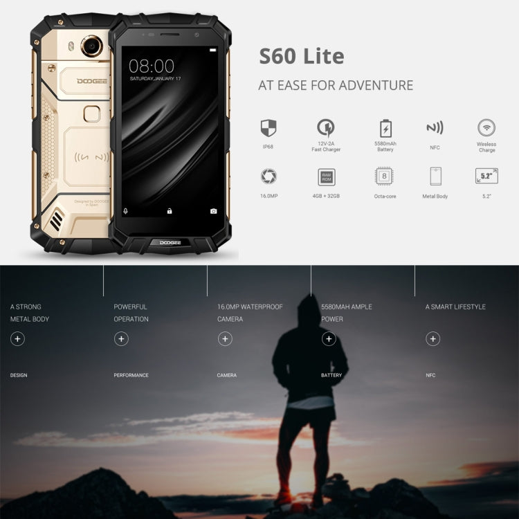 [HK Warehouse] DOOGEE S60 Lite Triple Proofing Phone, 4GB+32GB, IP68 Waterproof Dustproof Shockproof, 5580mAh Battery, Fingerprint Identification, 5.2 inch Android 7.0 MTK6750T Octa Core up to 1.5GHz, Network: 4G, NFC, OTA, Wireless Charge