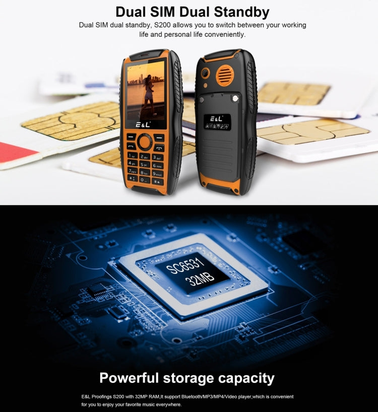 E&L S200 Triple Proofing Phone, IP68 Waterproof Dustproof Shockproof, 2.4 inch, SC6531D, Bluetooth, FM, Dual SIM, MIL-STD-810G Certified