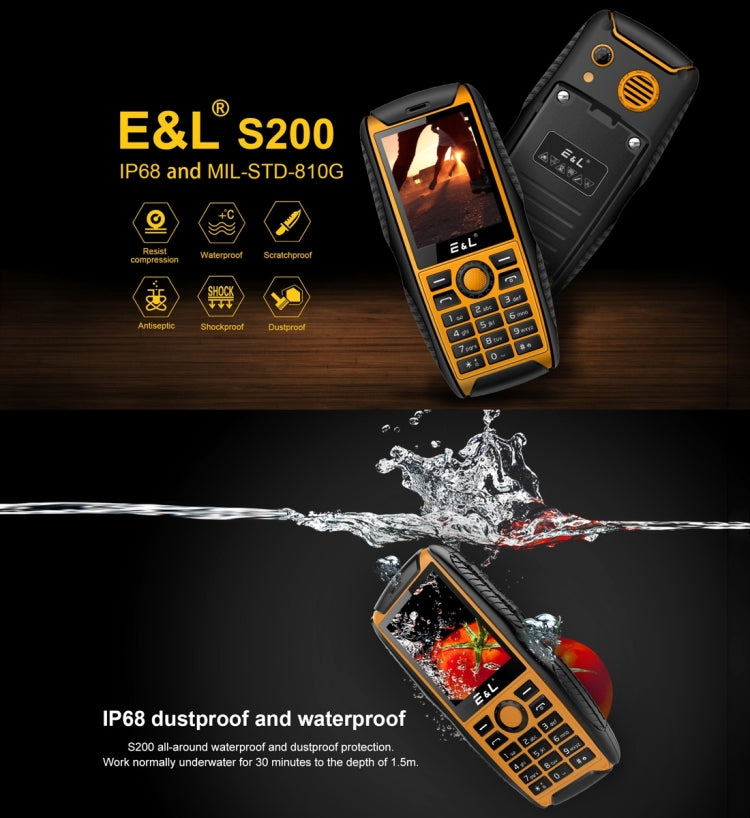 E&L S200 Triple Proofing Phone, IP68 Waterproof Dustproof Shockproof, 2.4 inch, SC6531D, Bluetooth, FM, Dual SIM, MIL-STD-810G Certified